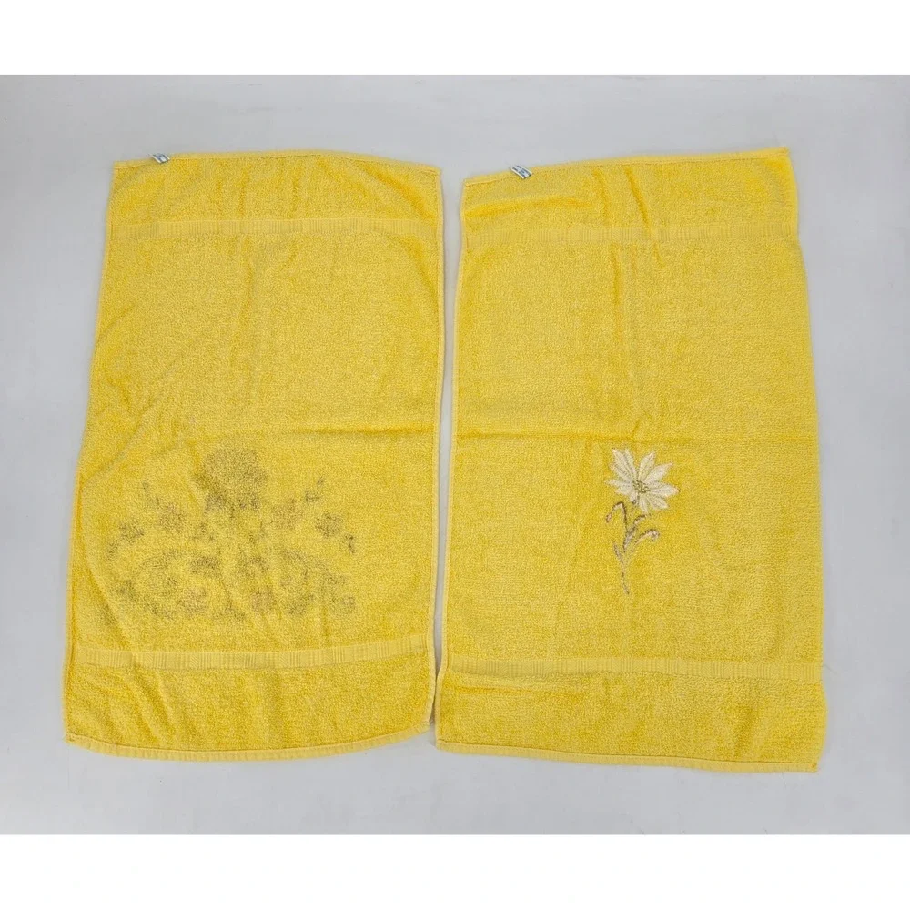 Vintage Cannon Yellow Towel Set 3pc Embroidered Floral Cottage Granny Chic
